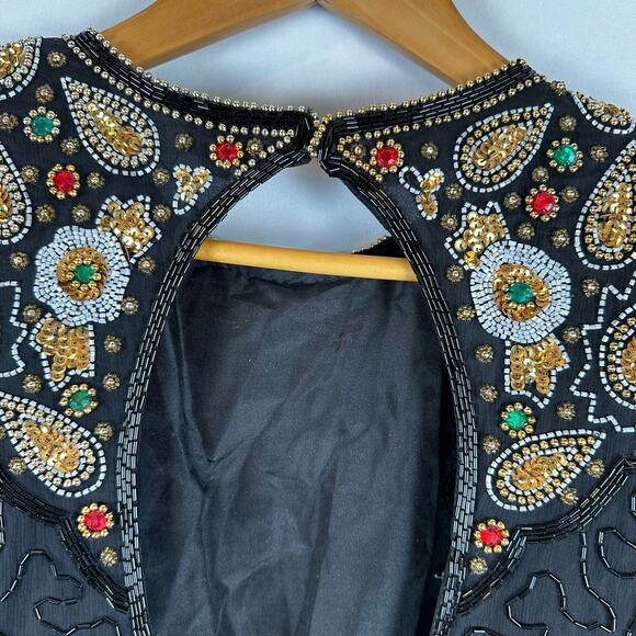 Laurence Kazar Short Sleeve Bodycon Beaded Black Mini Silk Dress Womens L Petite - Picture 12 of 16